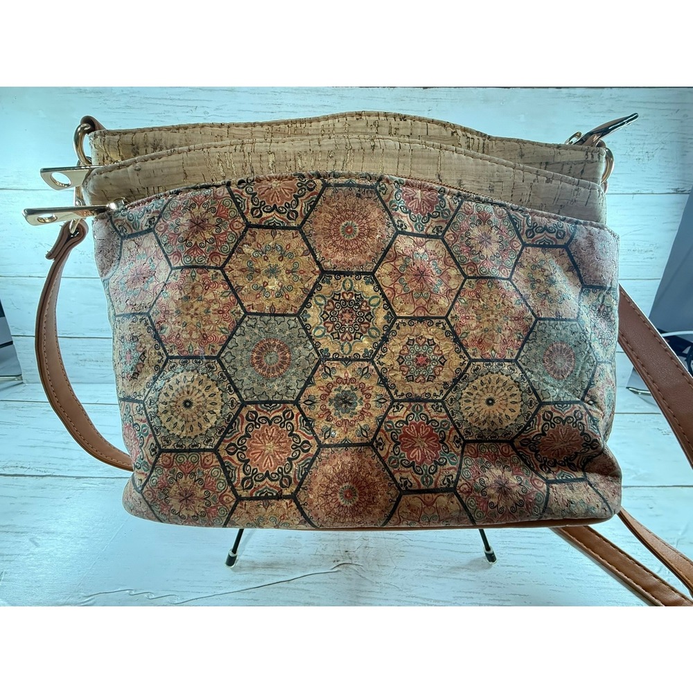 Natural Cork Crossbody Bag Geometric Mandala Print Boho Triple Zip‎ Shoulder Bag